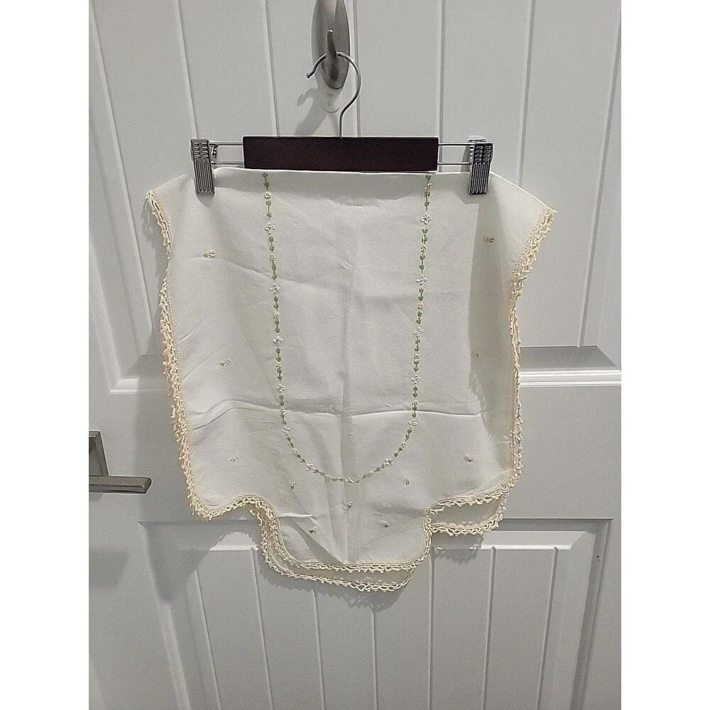 Vintage Hand Embroidered Linen Table Runner/Dresser Scarf with Crochet Trim
